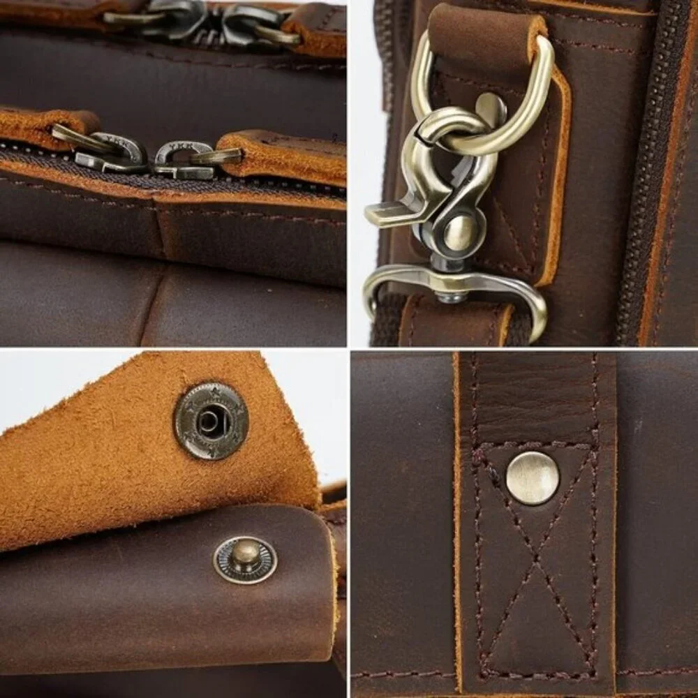 ⚡Men Deep Brown Fits 15.6 Inch Laptop Crossbody Bag Attached Leather Briefcase